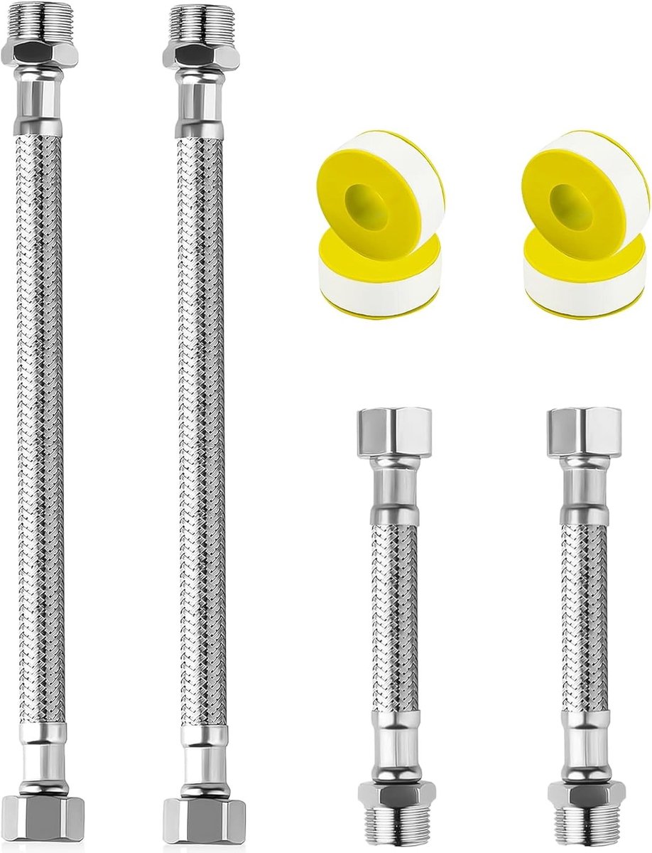 Flexibele Slang - Aansluitslang Water - Kraan Aansluiten - Roestvrij Staal - 4 Stuks 3/8 - Zilver