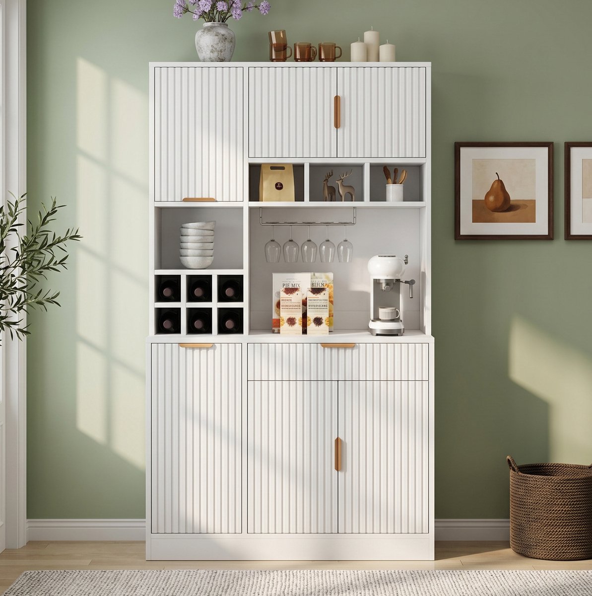FloraGrace Buffetkast - Hoge Opbergkast Met Stopcontact USB C USB A En Wijnrek - Voor Keuken En Eethoek - Spaanplaat - 100x40x175 Cm - Wit