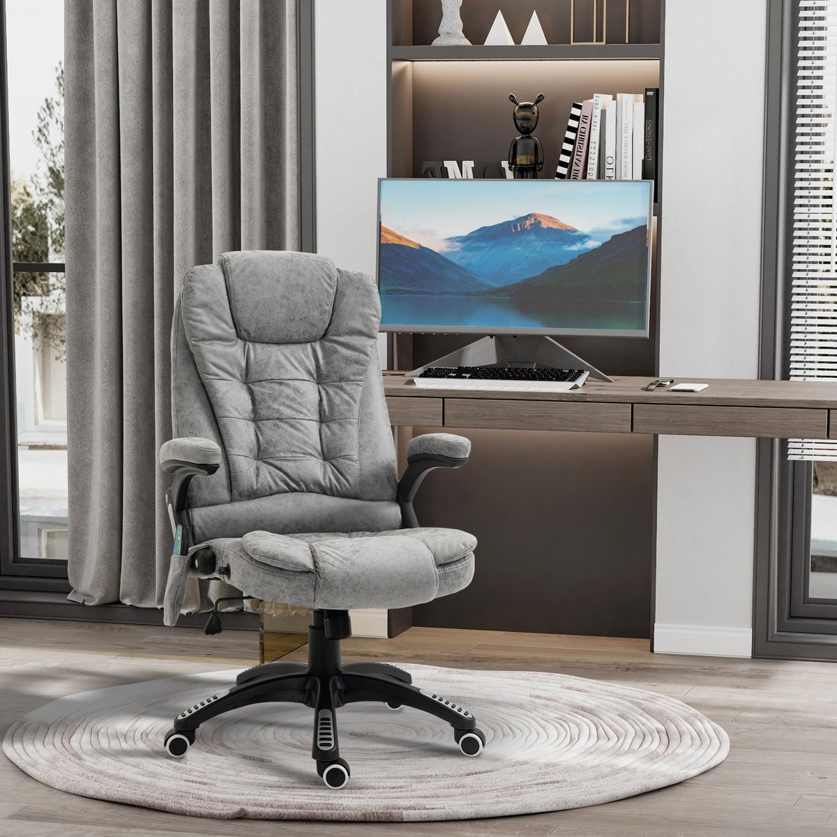 MEUNIQ ergonomische bureaustoel met massage- en warmtefunctie, 6 massagepunten, verstelbare zithoogte, 360° draaibaar met wielen en hoofdsteun, grijs