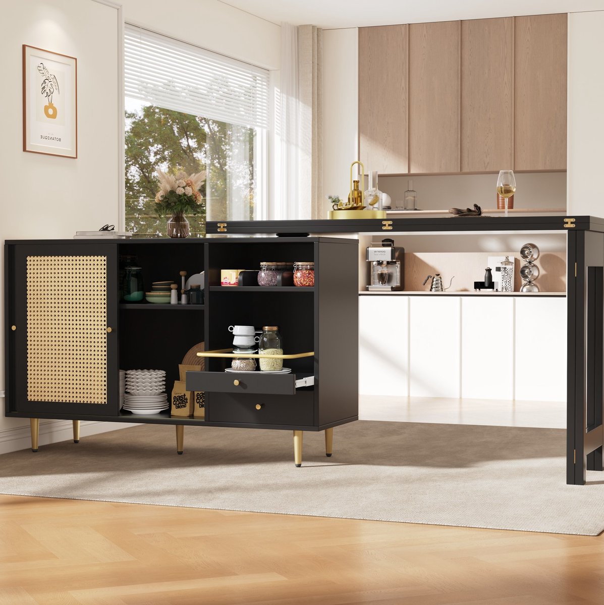 DESMIU Dressoir - 360 Graden Draaibaar En Uitschuifbaar - Met Lade, Open Vakken En Rotan Deur Voor Keuken En Eetkamer - MDF - 187x40x76 Cm - Zwart