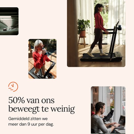 Collage met mensen op loopbanden en een man die aan een laptop werkt