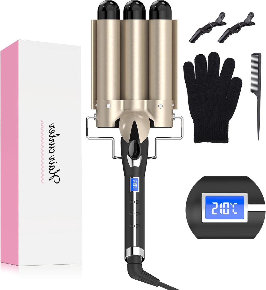 SnelShoppen - Curling Iron 32MM, Wave Curler met Tourmaline Keramische Coating, 14 Temperatuurstanden 80-210°C, ION Technologie, Inclusief Handschoene