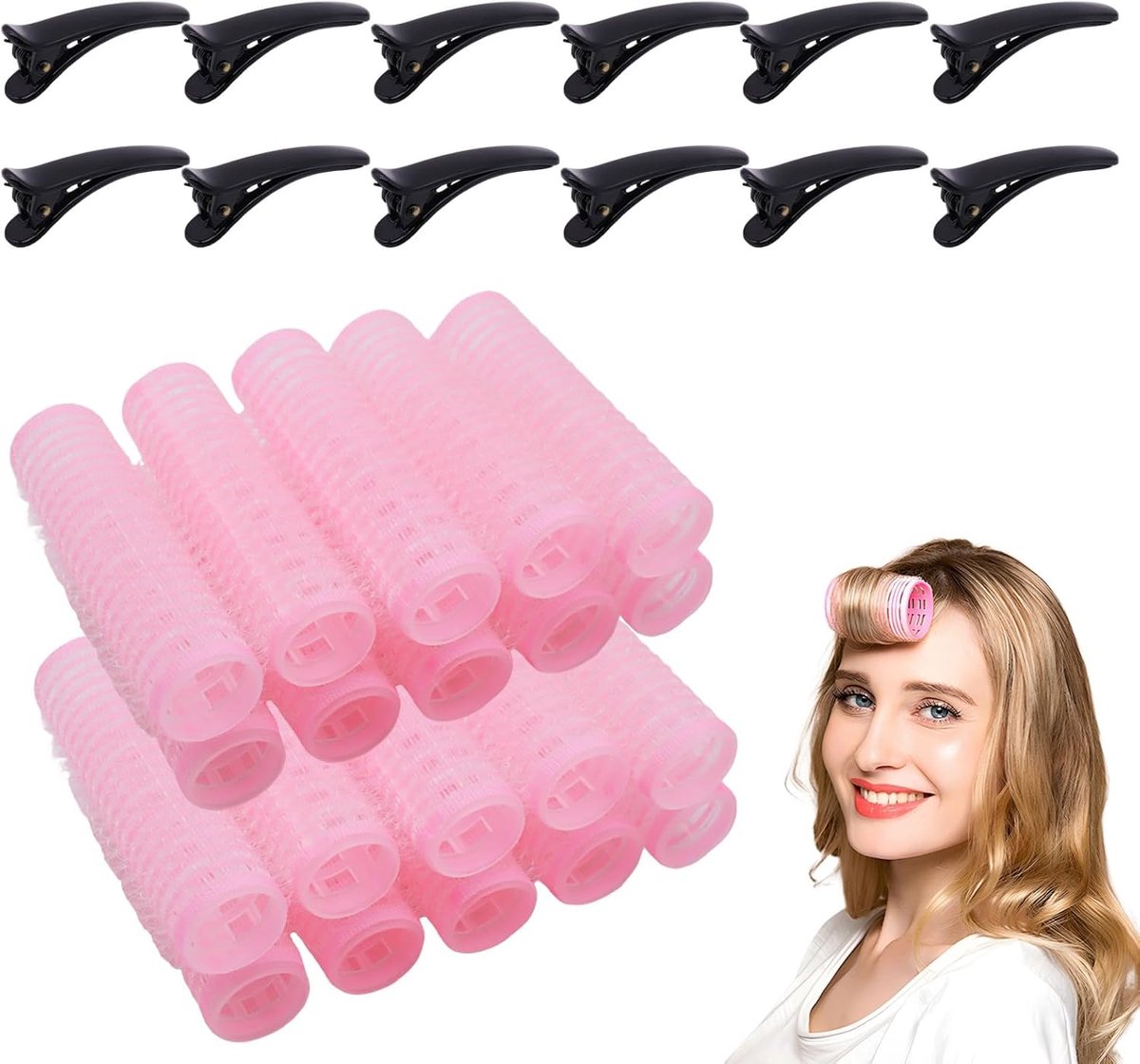 Thijox - Set met 20 Kleine Haarrollers 17mm met Zelfgreep voor Volume en Krullen + 12 Zwarte Eendenbek Clips - Ideaal voor Thuis of Salonstyling