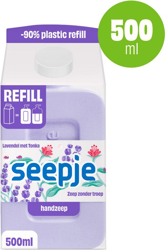 500ml navulverpakking voor handzeep, paars met lavendel en bloemenprint. Met "-90% plastic refill" opdruk.