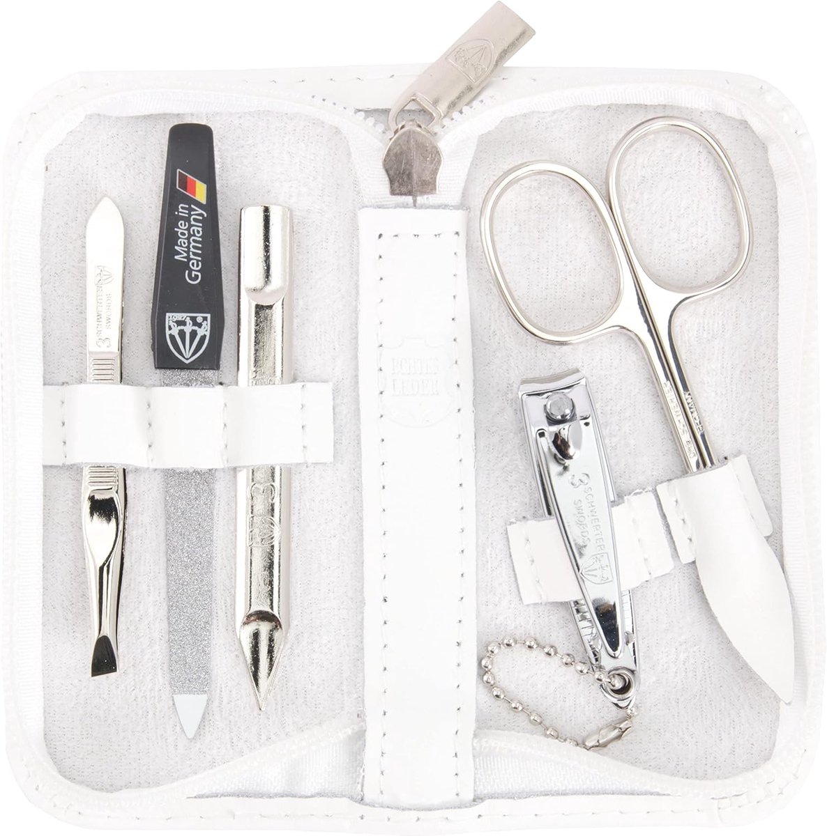 Thijox - 5-delig Manicure Set Siena - Huidschaar, Nagelknipper, Saffier Nagelvijl, Nagelreiniger, Pincet - Kleur Leer-Wit - Perfect voor Thuis en Reiz