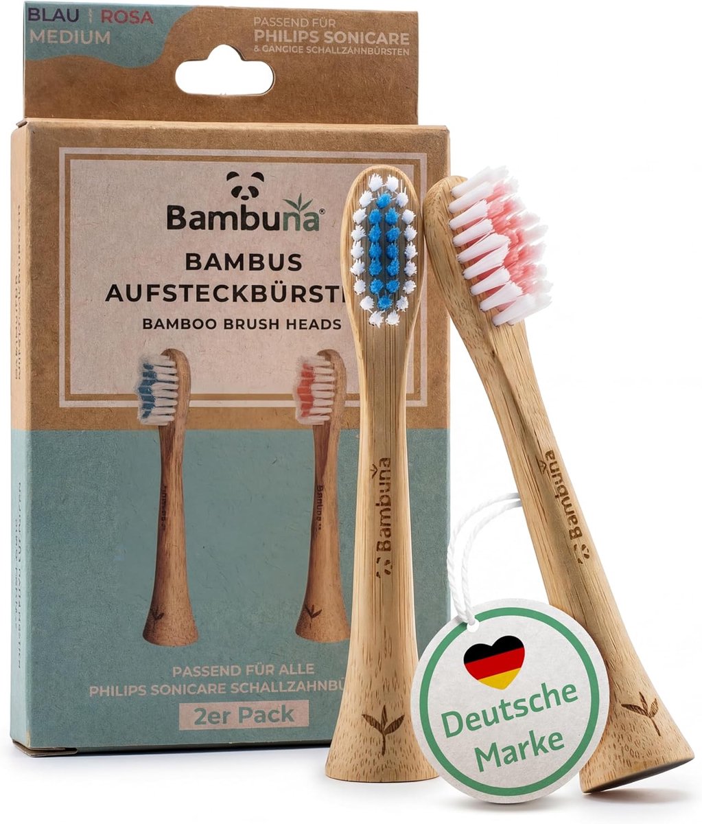 SnelShoppen - Bambona Reserveborstels voor Sonicare - Bamboe Borstelkoppen - Middelzachte Set van 2 - Duurzaam en Milieuvriendelijk - Blauw/Roze - Per