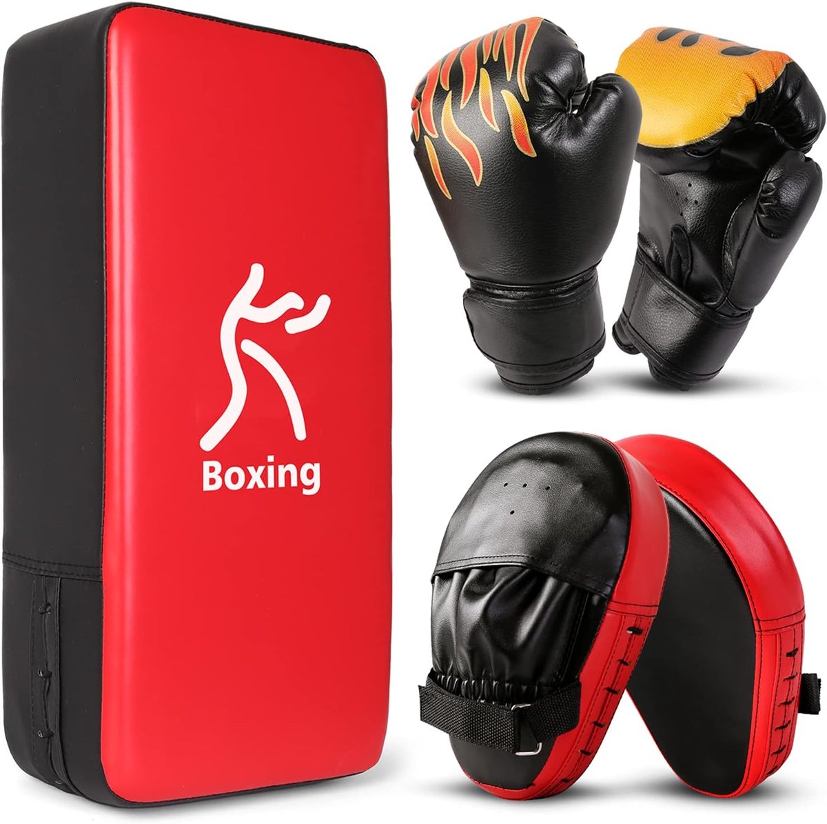 Thijox - 3-in-1 Bokshandschoenen Set voor Kinderen, Inclusief Focus Pads en Taekwondo Kick Pad, Rood Goud Blauw, Geschikt voor Boksen en Kickboksen, P