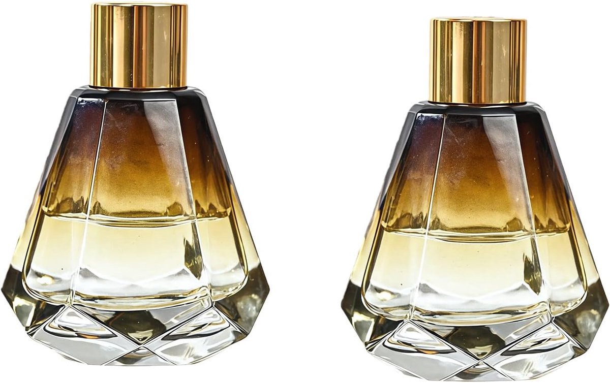 SnelShoppen - 2x 60ml Diamond Shaped Glazen Diffuser Flesjes - DIY Geuroliën, Aromatherapie, Luxe Gouddeksel, Rubber Stop - Perfect voor Thuis, Feest