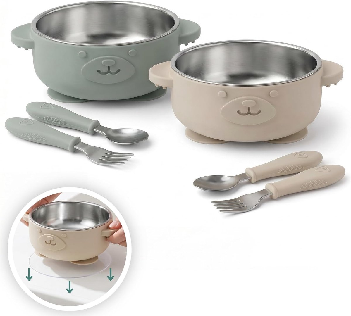 Thijox - RVS Babykom met Zuignap + Babybestek Set van 2 - BPA-vrij Kinderservies met Lepel & Vork - Beige/Groen - Perfect voor Zelfstandig Eten van Ki