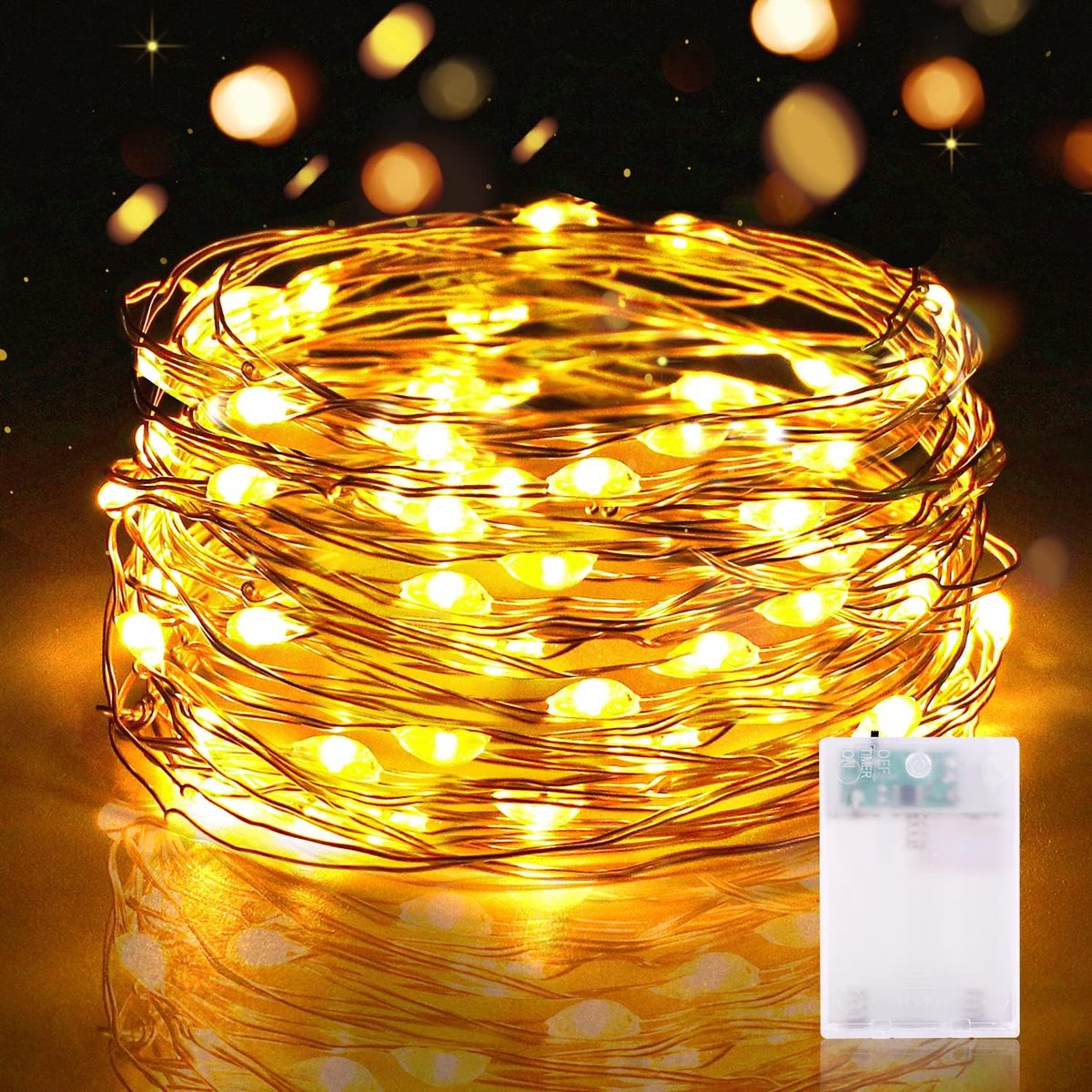 Thijox - Lichtketting op Batterijen met Timer 5M 50 LED Micro Draadlichtketting IP65 Waterdicht Koperdraad, Warmwit voor Feest, Tuin, Kamer, Kerstmis,