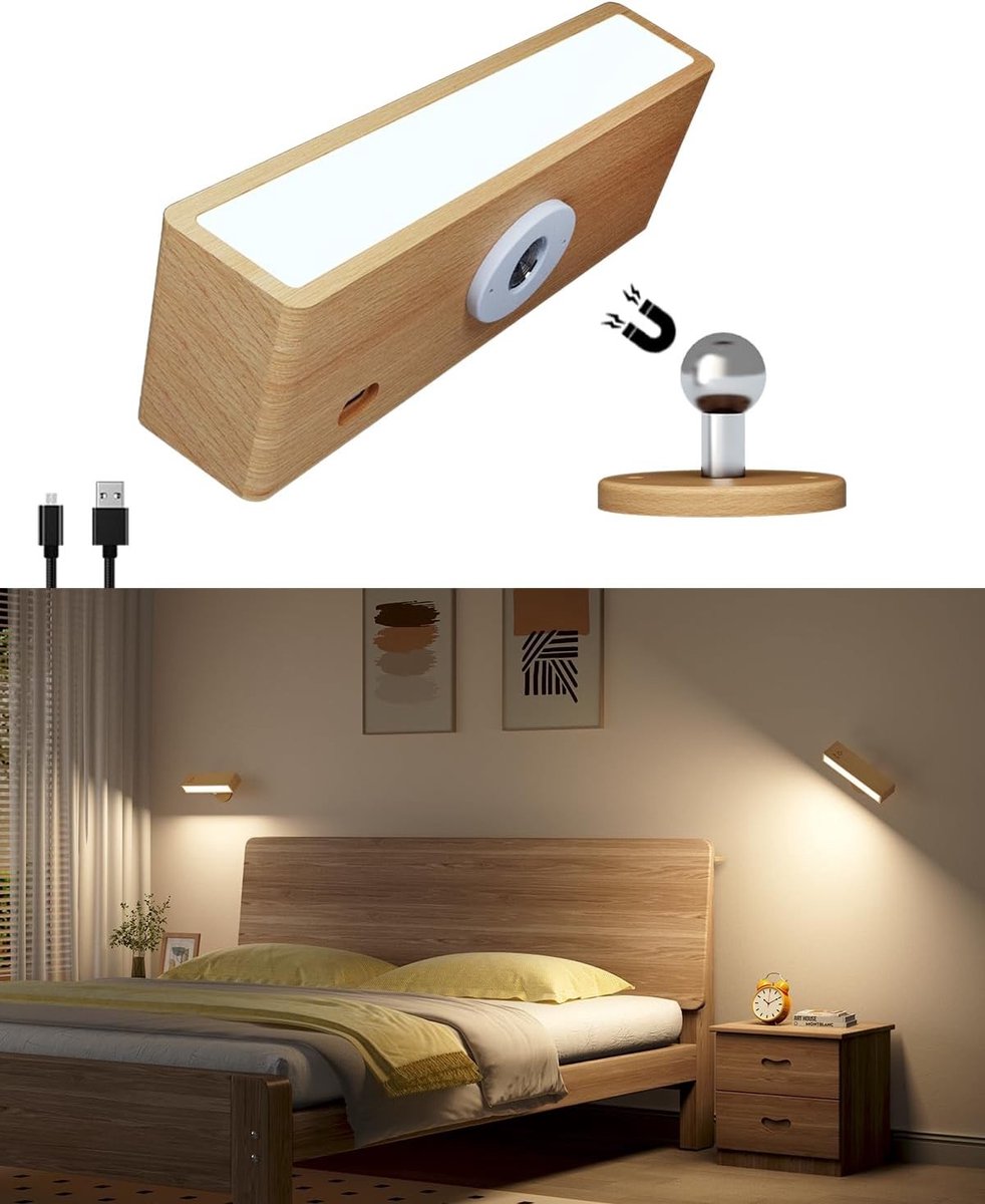 Schilderijlampje draadloos - Beukenhout - 1 stuk - Oplaadbare Wandlamp met Touch Dimmer - Voor Slaapkamer en Woonkamer