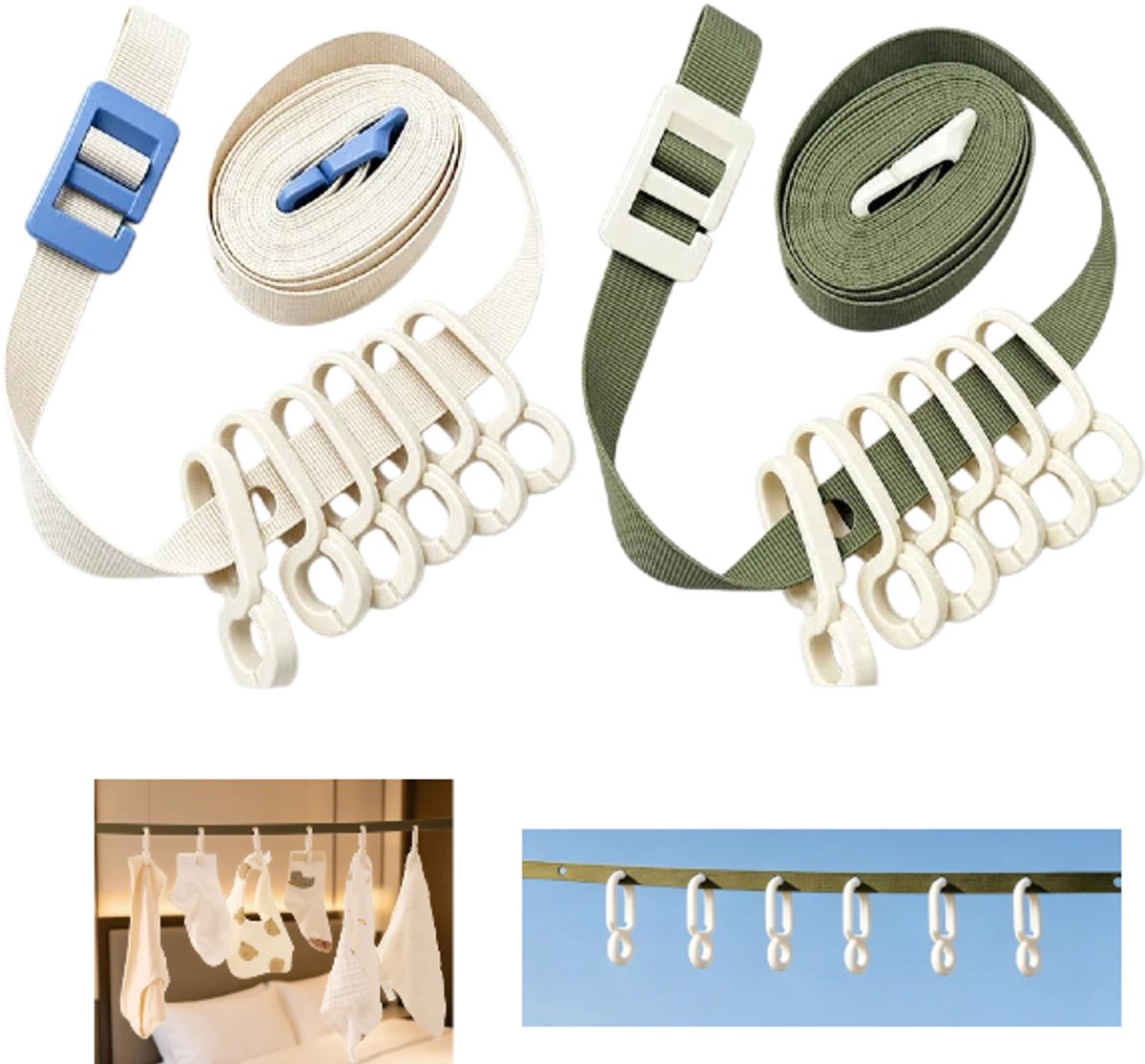 2-delige set - Draagbare waslijnclips - Waslijn - Touw zonder boren - Trekkoord voor waslijn - Reiswaslijn - Beige, groen - 3,5 m - Met 12 clips - Verstelbaar - Geschikt voor kamperen, in de tuin, op cruiseschepen en thuisgebruik