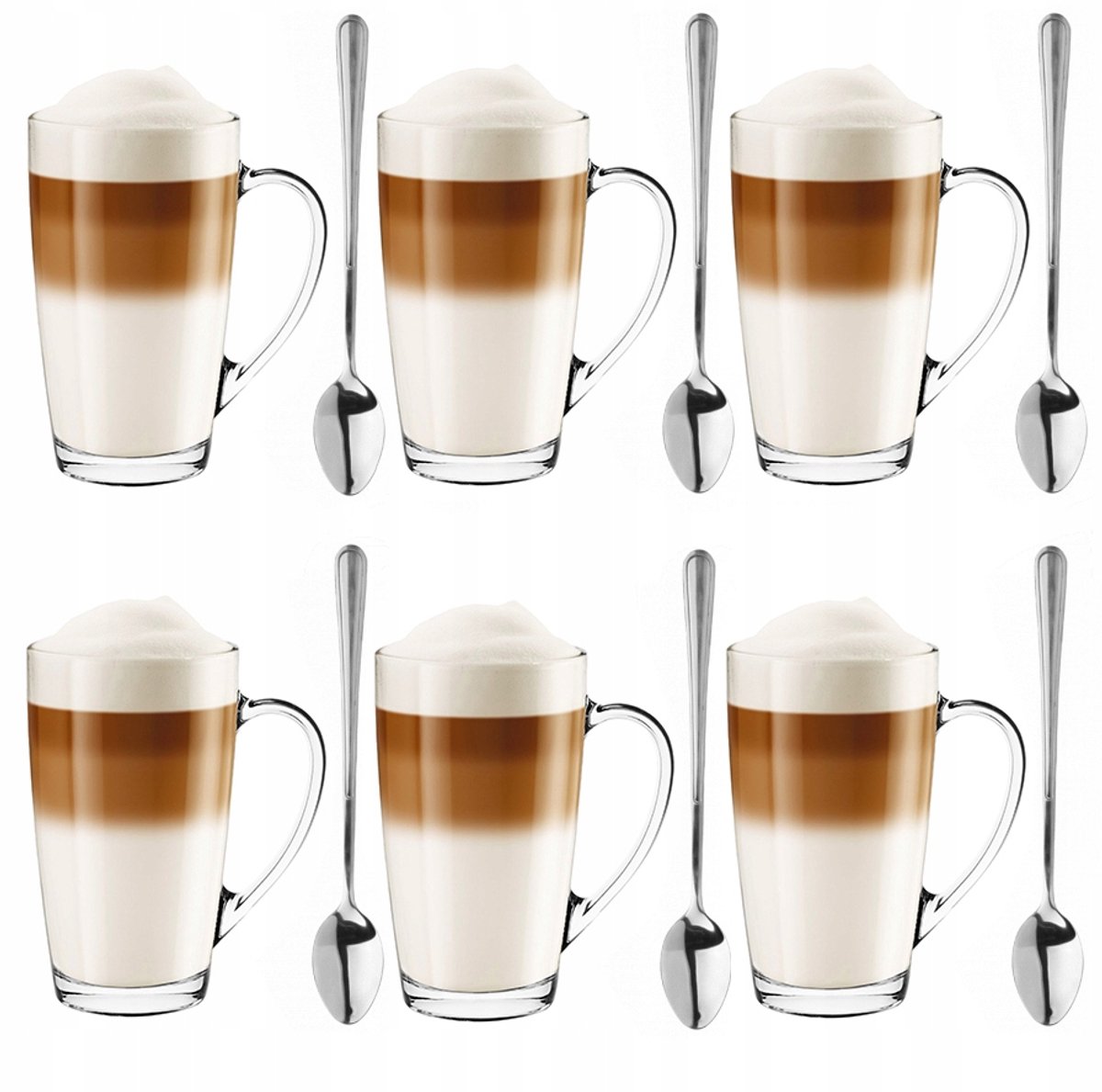 Set van 6 Grote Latte Macchiato Glazen 400ml met Lepels