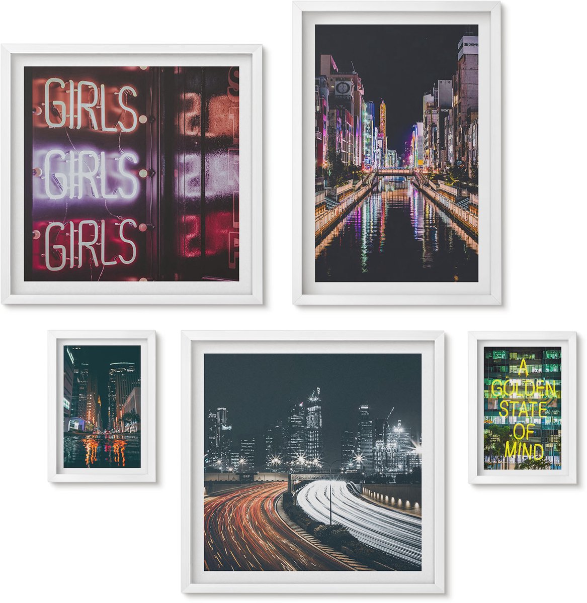 Wallfluent 5-Delige Schilderij Set - Moderne Stad 'S Nachts Met Neonlichten En Reflecties In Het Water. - 50 x 50 cm, 20 x 30 cm En 40 x 60 cm - Muurdecoratie - Interieur Decoratie - Woonkamer Decoratie