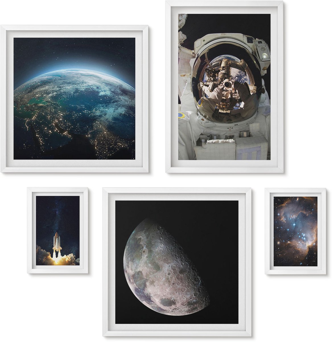 Wallfluent 5-Delige Schilderij Set - Ruimteverkenning Met Astronaut En Planeten - 50 x 50 cm, 20 x 30 cm En 40 x 60 cm - Decoratieve Schilderijen - Woonkamer - Interieur - Woonkamer Decoratie