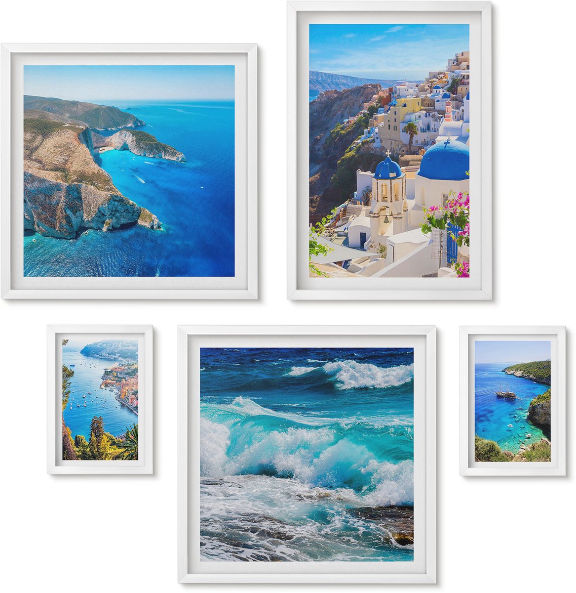 Wallfluent 5-Delige Schilderij Set - Landschappen Van De Egeïsche Zee Met Pittoreske Uitzichten - 50 x 50 cm, 20 x 30 cm En 40 x 60 cm - Muurdecoratie - Wanddecoratie - Hal