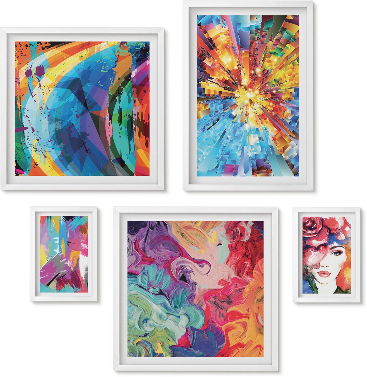 Wallfluent 5-Delige Schilderij Set - Abstracte, Kleurrijke Composities In Een Moderne Stijl. - 50 x 50 cm, 20 x 30 cm En 40 x 60 cm - Decoratieve Muurdecoratie - Slaapkamer