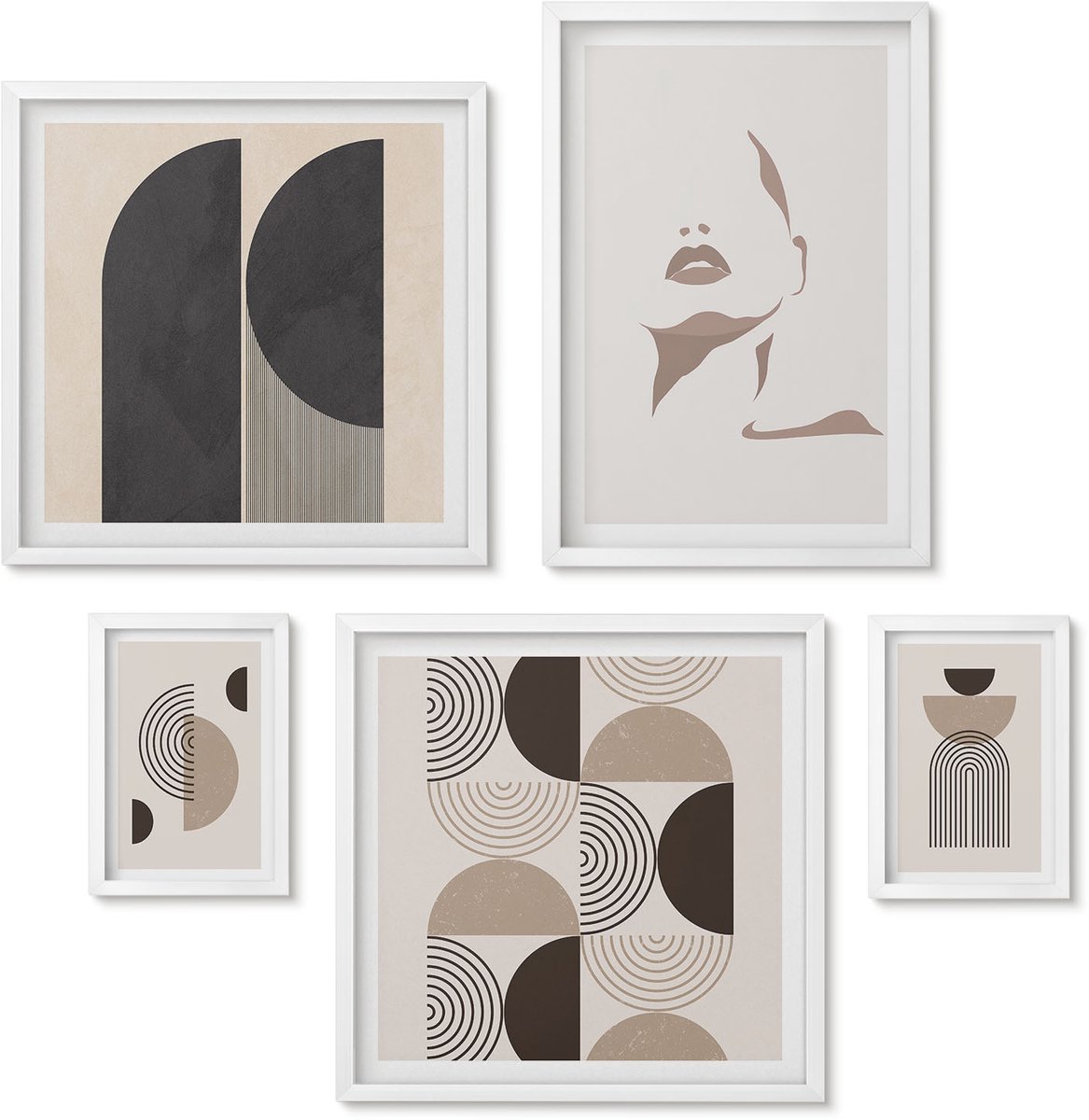 Wallfluent 5-Delige Schilderij Set - Stijlvolle Minimalistische Portretten En Geometrische Patronen - 50 x 50 cm, 20 x 30 cm En 40 x 60 cm - Stijlvolle Muurdecoratie - Slaapkamer