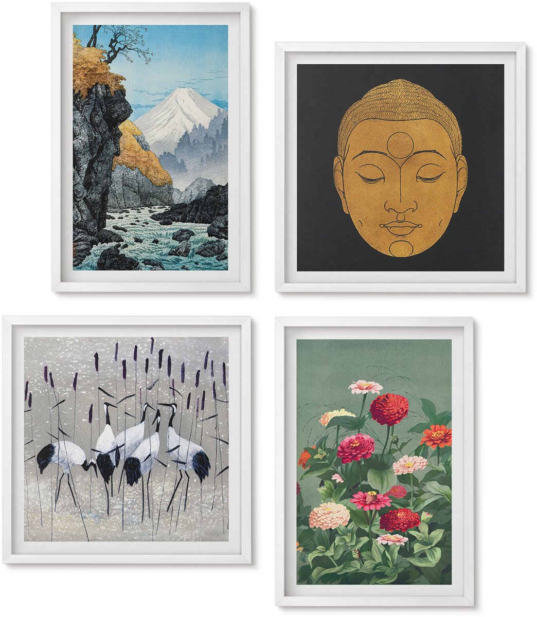 Wallfluent 4-Delige Schilderij Set - Japanse Natuur En Cultuur In Japandi-Stijl - 40 x 40 En 40 x 60 - Muurdecoratie - Wanddecoratie - Slaapkamer