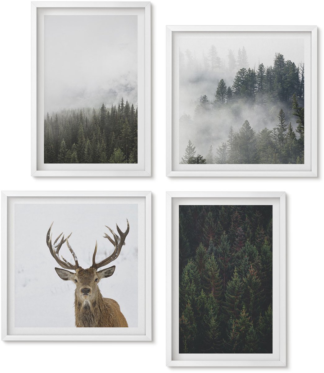 Wallfluent 4-Delige Schilderij Set - Groene Bossen In Een Mistige Natuurlijke Omgeving - 40 x 40 En 40 x 60 - Stijlvolle Wanddecoratie - Interieur