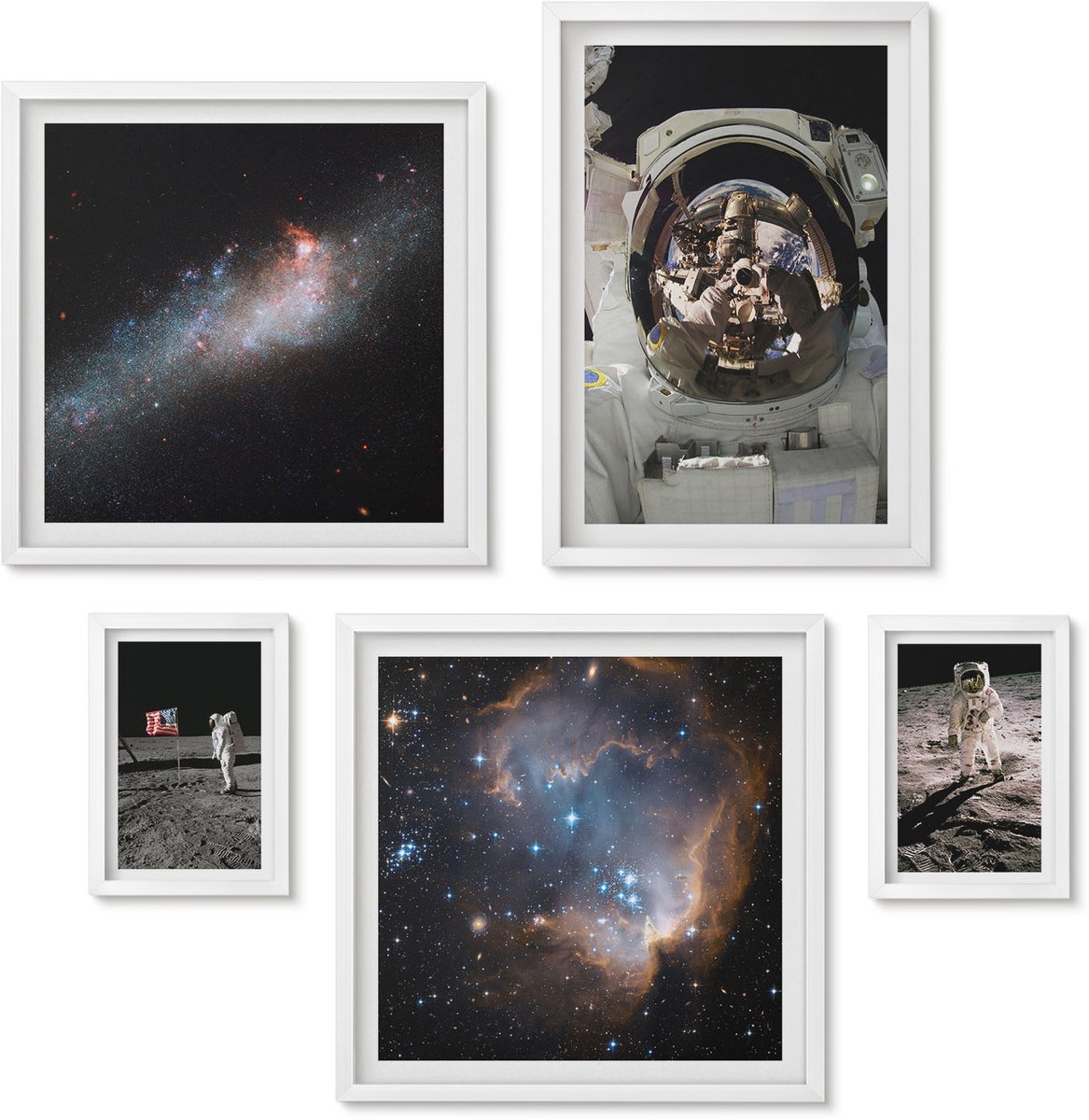 Wallfluent 5-Delige Schilderij Set - Foto'S Van Astronauten Die Op De Maan Landen - 50 x 50 cm, 20 x 30 cm En 40 x 60 cm - Stijlvolle Muurdecoratie - Slaapkamer - Decoratieve Schilderijen