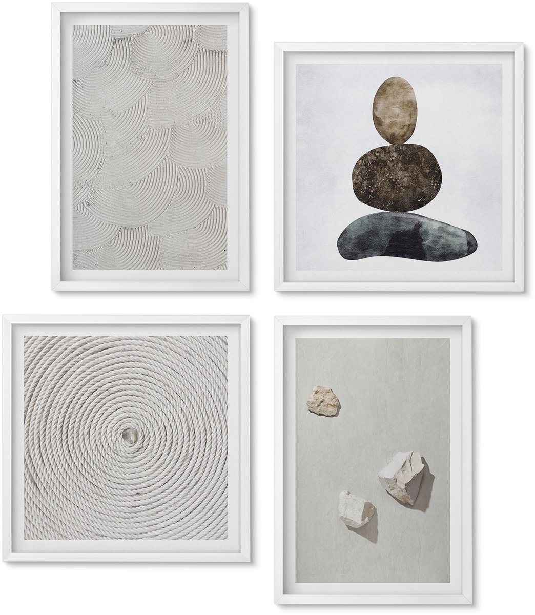 Wallfluent 4-Delige Schilderij Set - Zandstenen En Moderne Verftexturen - 40 x 40 En 40 x 60 - Decoratieve Schilderijen - Wanddecoratie - Hal