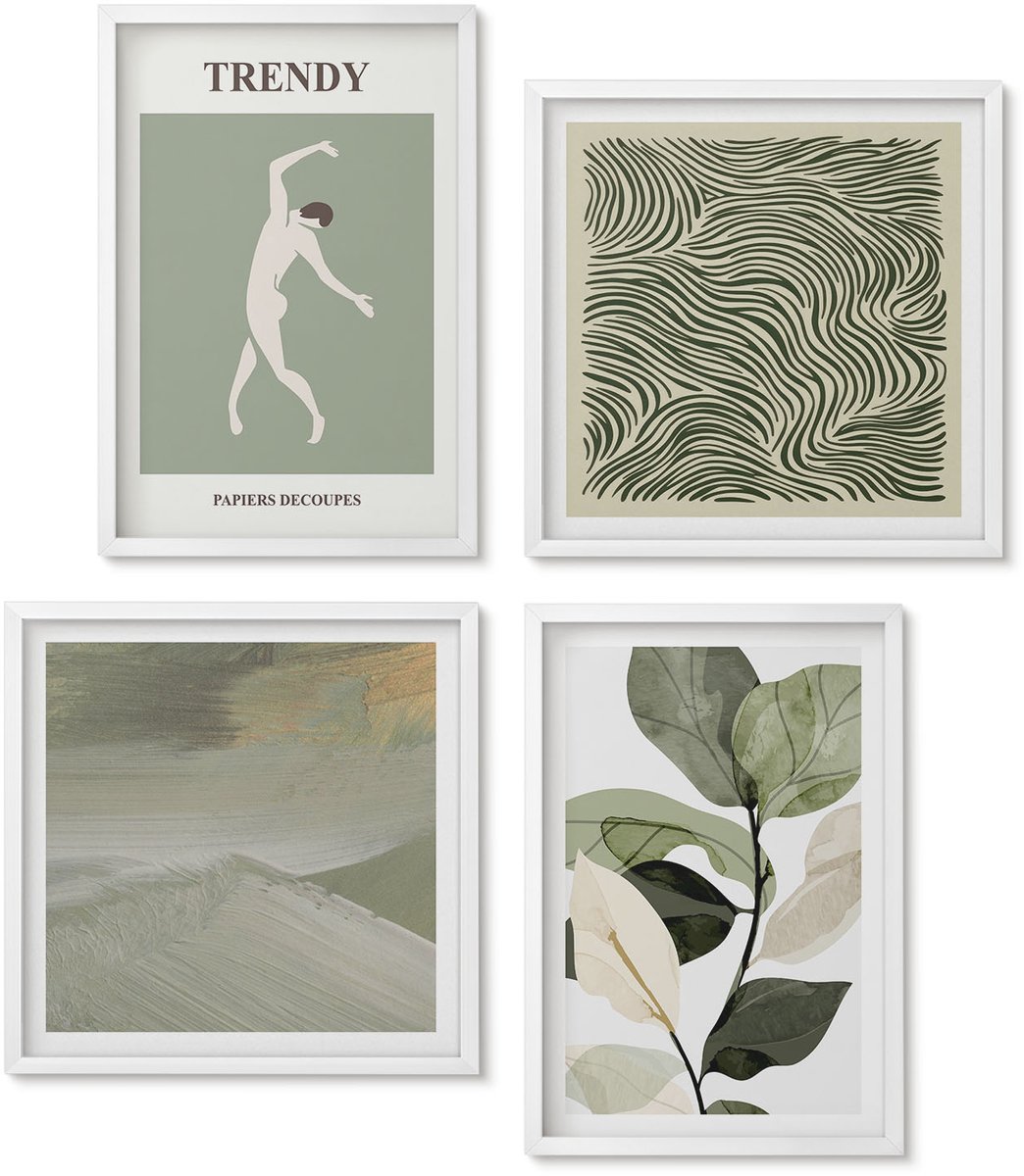 Wallfluent 4-Delige Schilderij Set - Plantenpatronen Met Silhouetten En Abstracte Vormen - 40 x 40 En 40 x 60 - Wanddecoratie - Moderne Interieurdecoratie - Muurdecoratie
