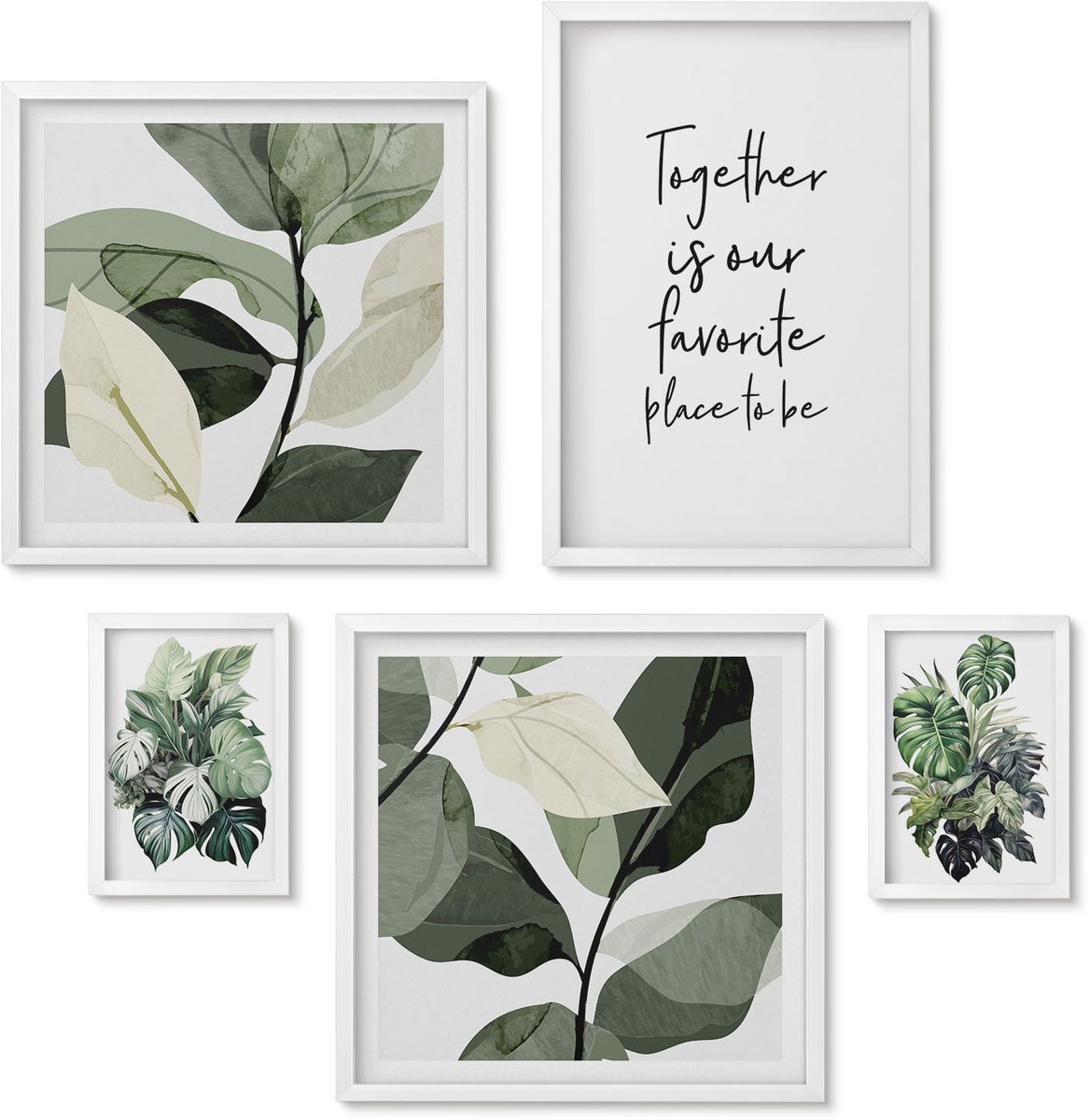Wallfluent 5-Delige Schilderij Set - Planteninspiratie In Een Moderne En Minimalistische Stijl - 50 x 50 cm, 20 x 30 cm En 40 x 60 cm - Muurdecoratie - Schilderijen Set - Woonkamer - Stijlvolle Muurdecoratie
