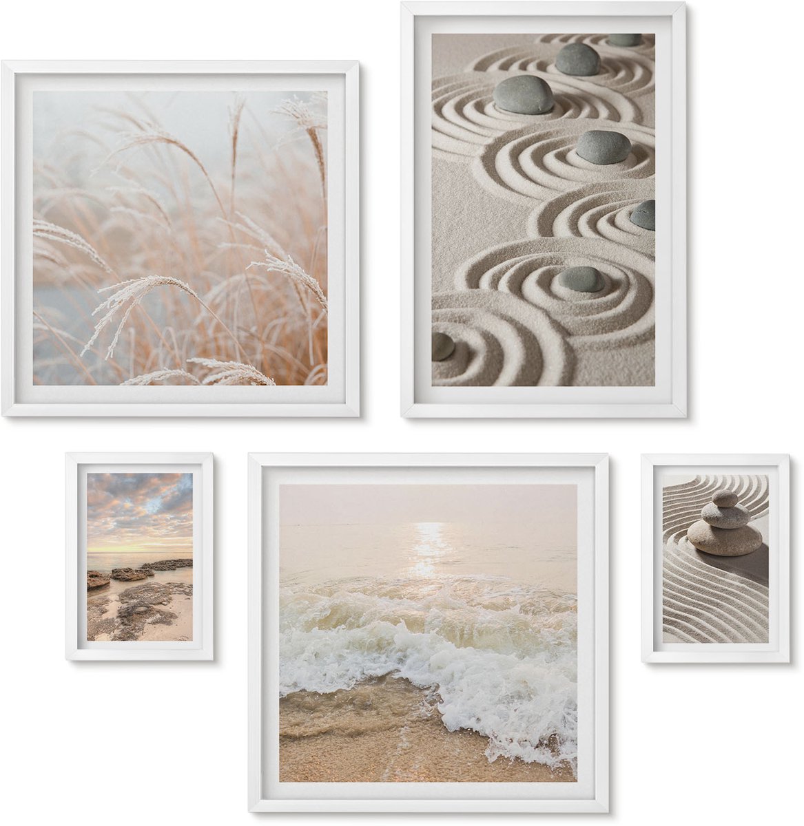 Wallfluent 5-Delige Schilderij Set - Rustgevende Natuurlandschappen Met Stenen En Zeegolven - 50 x 50 cm, 20 x 30 cm En 40 x 60 cm - Schilderijen Set - Wanddecoratie - Woonkamer - Woonkamer Decoratie