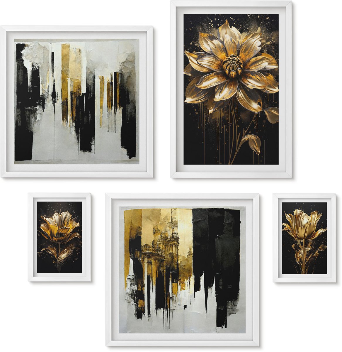 Wallfluent 5-Delige Schilderij Set - Bloemmotieven In Een Elegante, Moderne Stijl. - 50 x 50 cm, 20 x 30 cm En 40 x 60 cm - Moderne Wanddecoratie - Woonkamer