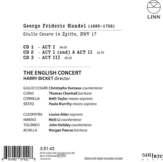 Linn Records: Giulio Cesare in Egitto, HWV 17 van George Frideric Handel. Tracklist met artiesten en speelduur. Barcode en Outhere Music logo.