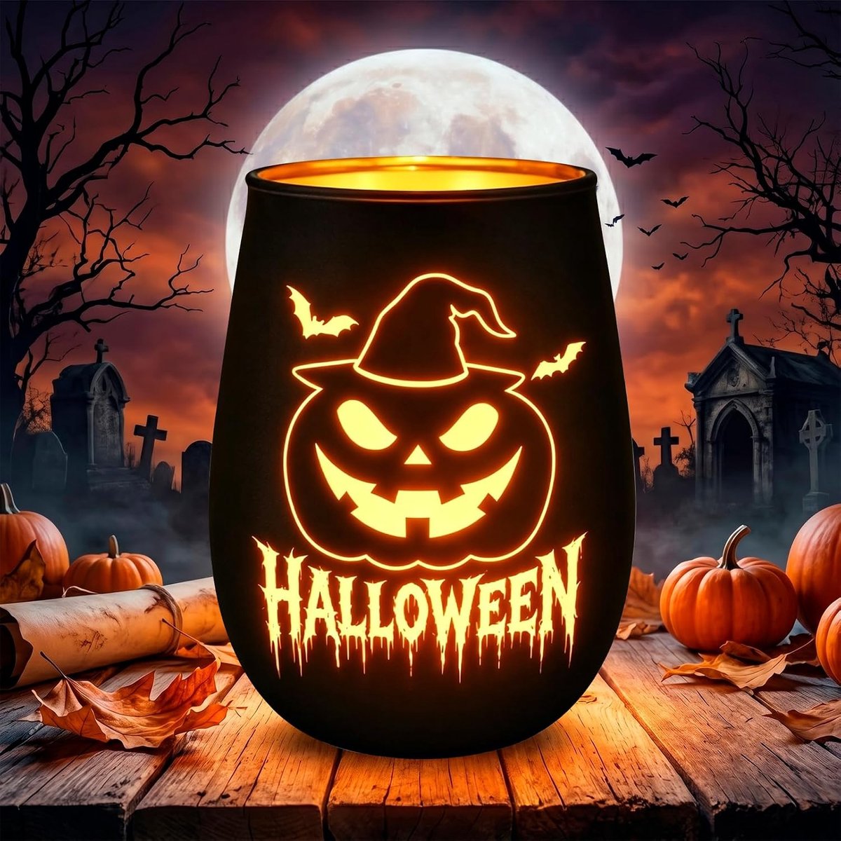 Halloween windlicht - glas - pompoenmotief - griezelige sfeer voor decoratie - ShopVlot