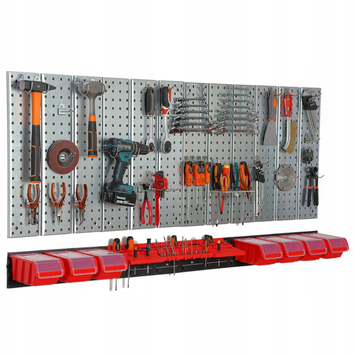 Gereedschapswand Metaal 156x71.3cm met 7 Bakjes & Plank