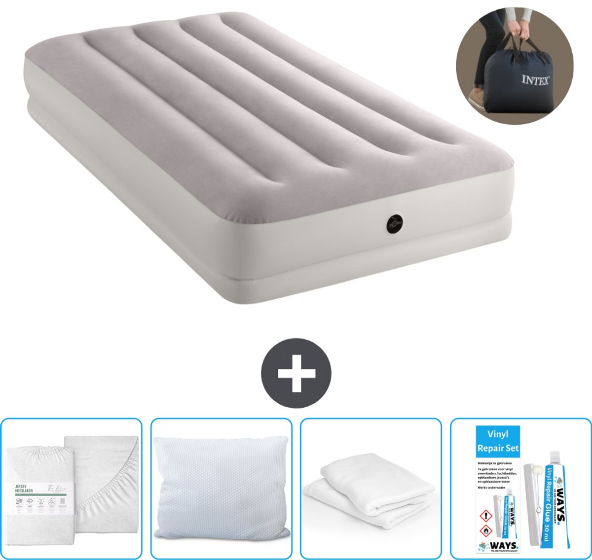 Intex Luchtbed - 1-Persoons - 99 x 191 x 30 cm - Grijs - Inclusief pomp - Hoeslaken - Kussen - Reparatieset en Kussenbeschermer