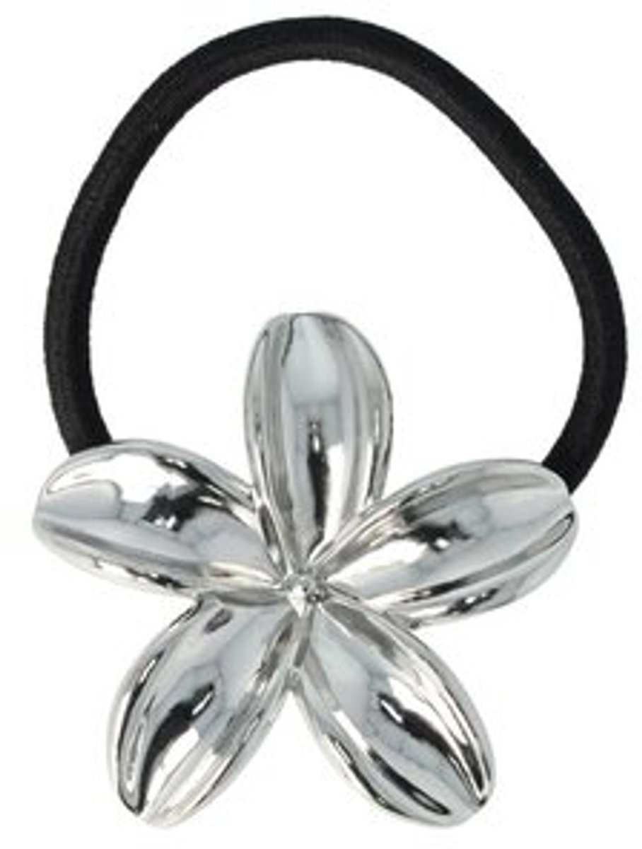Haarsoires Haarelastiek – Cuff 5cm – Lelie Bloem Ornament – Metaalaccent – Zwart Zilver - Stijlvol & Trendy Haaraccessoire