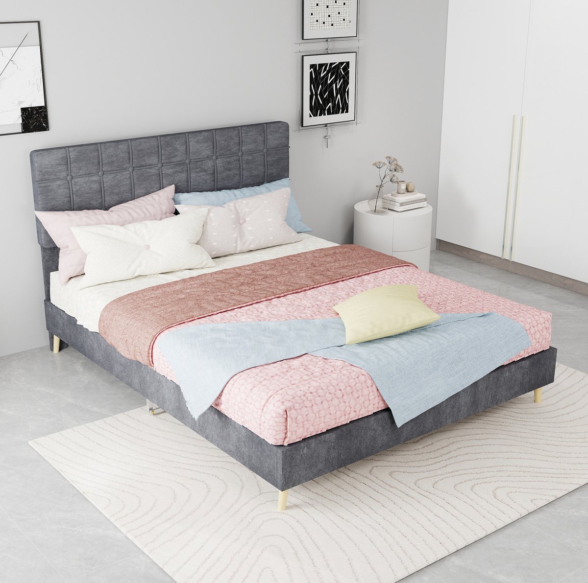 Wishdor Bedframe 140x200 cm - Gestoffeerd hoofdbord met ruitstiksel - Stof met houten poten - Grijs - Tweepersoons - Modern voor slaapkamer en tweede slaapkamer