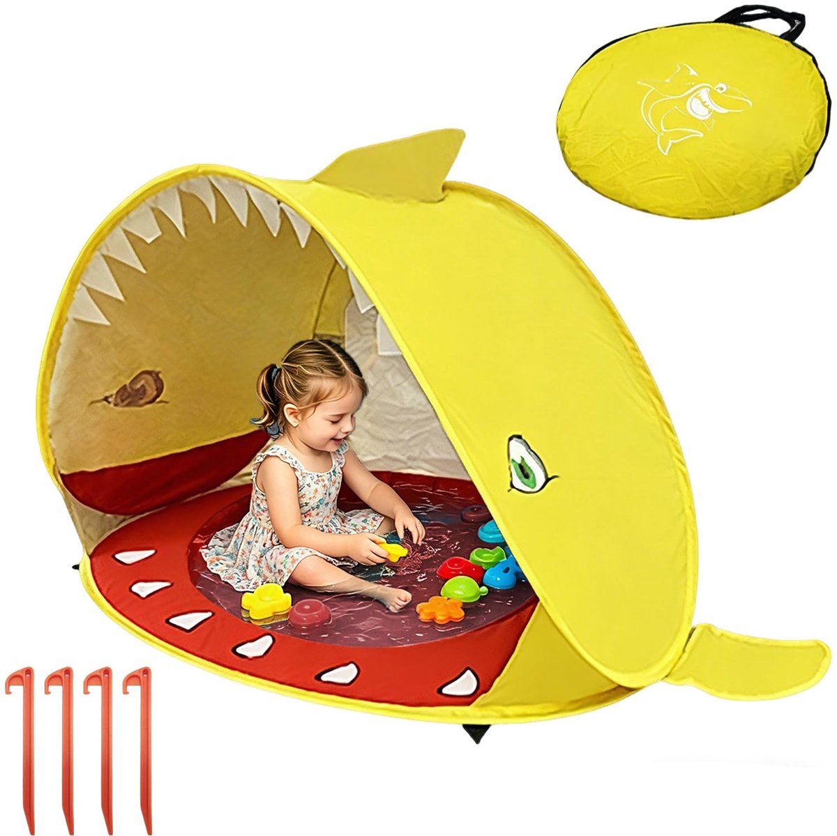 bechoanigel Strandtent, haaigeel, pop-up strandtent met vast geïntegreerd zwembad, UPF 50+ uv-bescherming, strandtent - ShopVlot