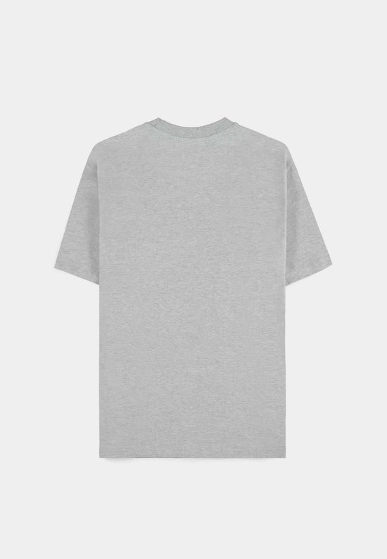 Een lichtgrijs T-shirt met korte mouwen, zichtbaar van achteren.