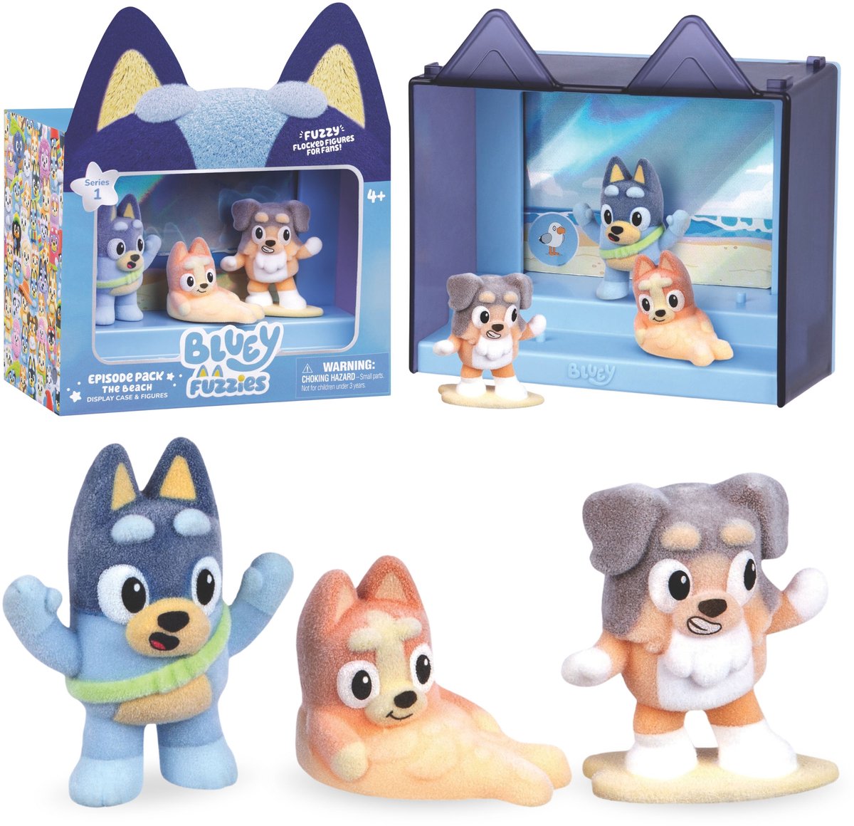 Bluey FIGURENSET Op het strand, kinderfiguren Serie 1, FLUWELEN FIGUREN 4+