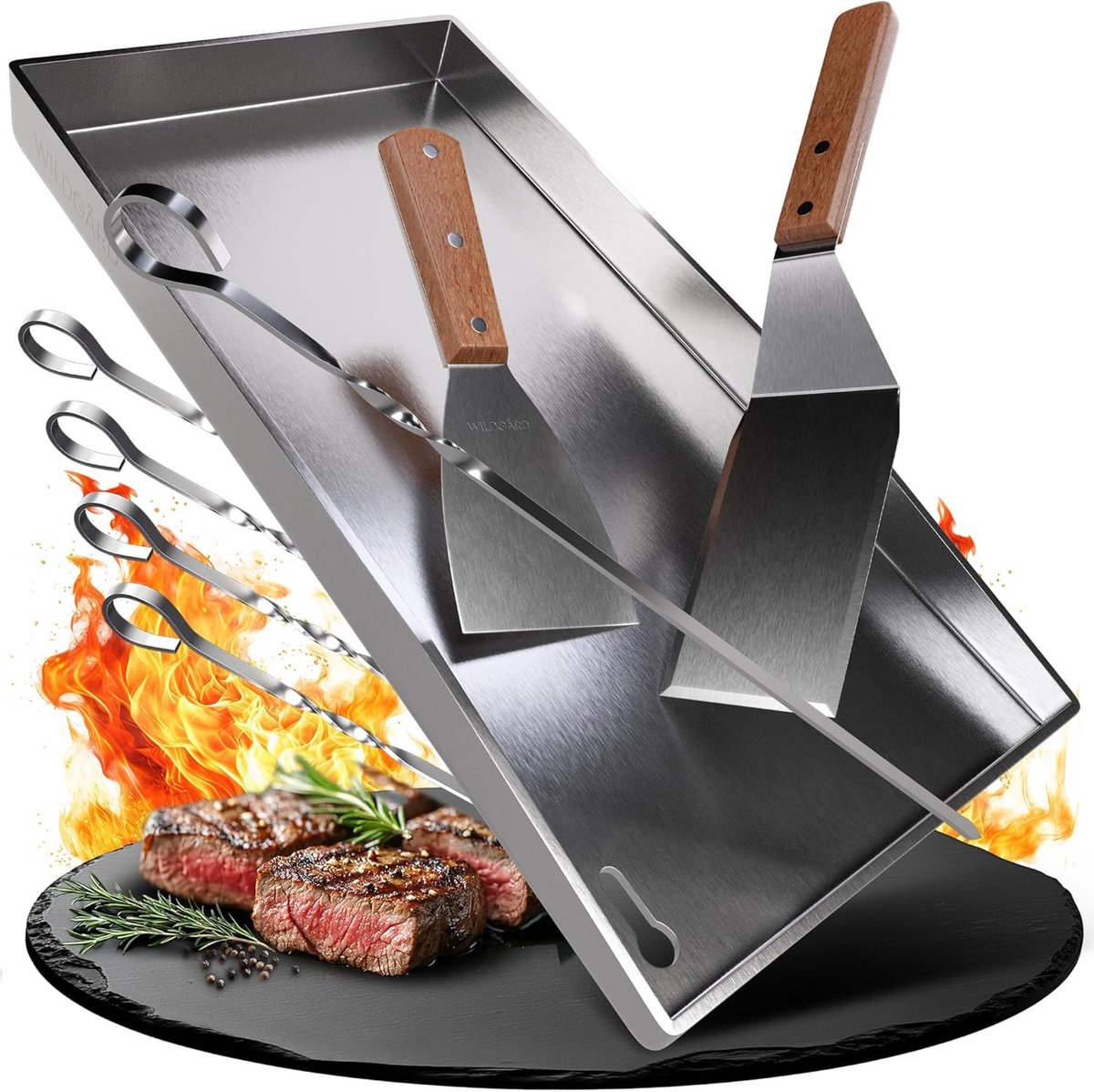 Grillplaat - 44,5 x 26 cm - RVS - Inclusief spatel en skewers - Perfect voor barbecue - ShopVlot