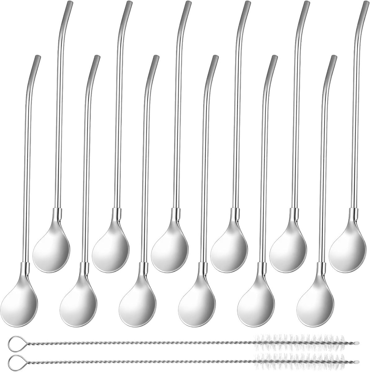 Rietjes met lepel 21 cm - roestvrij staal - 12 stuks - inclusief rietjesreinigingsborstel - ShopVlot