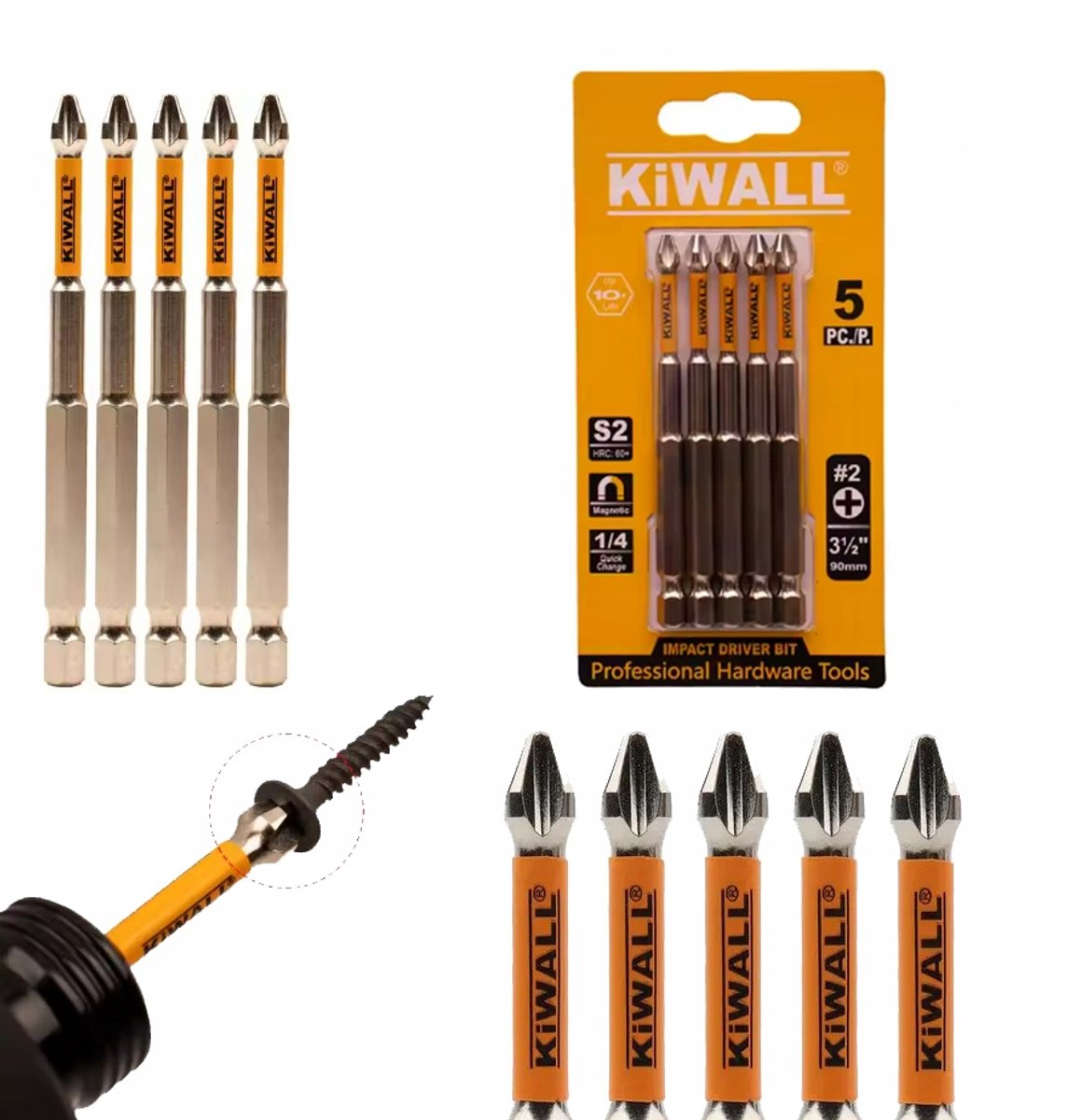 Set van 5 Magnetische Slagmoeren Bits 90mm S2 Staal