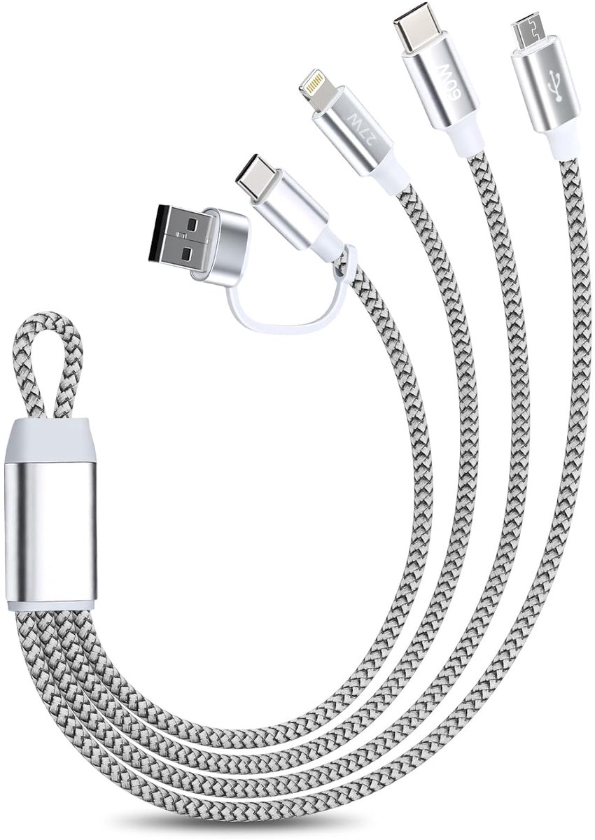 Multi-oplaadkabel 3-in-2 - 35 cm korte kabel - USB-A + USB-C ingang - Laad drie apparaten tegelijkertijd op - ShopVlot