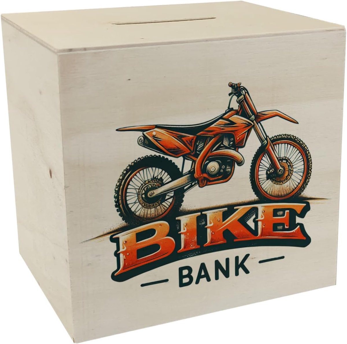 Spaarpot motocross motor - Houten spaarpot - Oranje-zwarte uitvoering - Leuke 'Bike Bank' voor motorrijders - ShopVlot