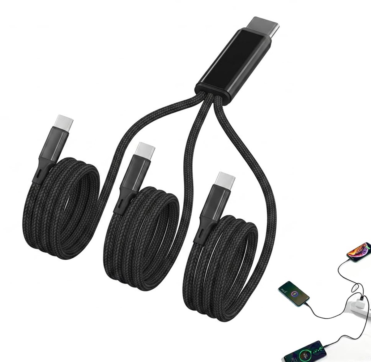 USB C-kabel 3-in-1 1,2 m - triple oplaadkabel - snel opladen - ideaal voor meerdere apparaten - ShopVlot