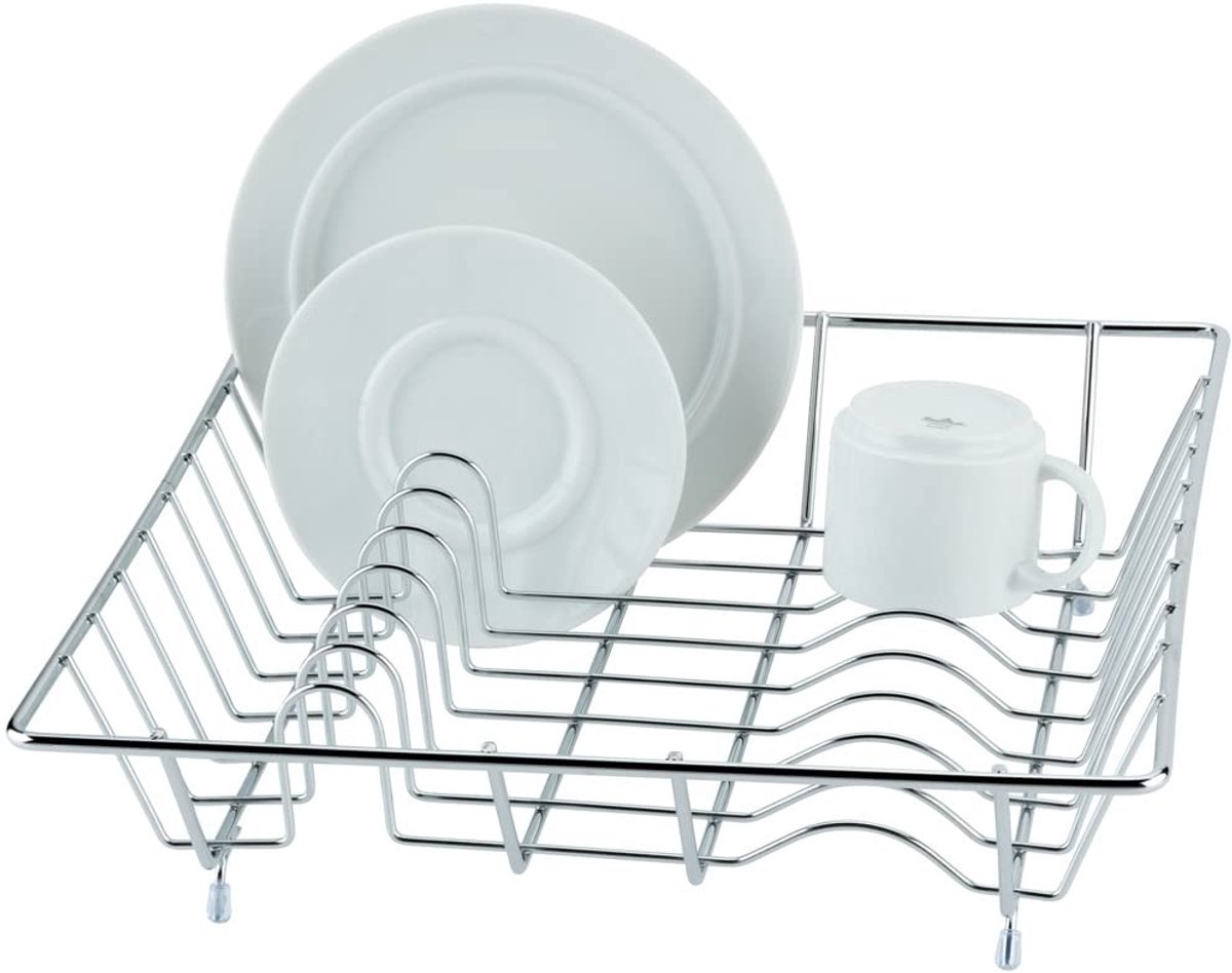 Famanu – Praktisch afdruiprek voor de keuken, hoogwaardig met bordenstandaard en bekerhouder, afmetingen 35 x 35 x 9 cm, zilver glanzend