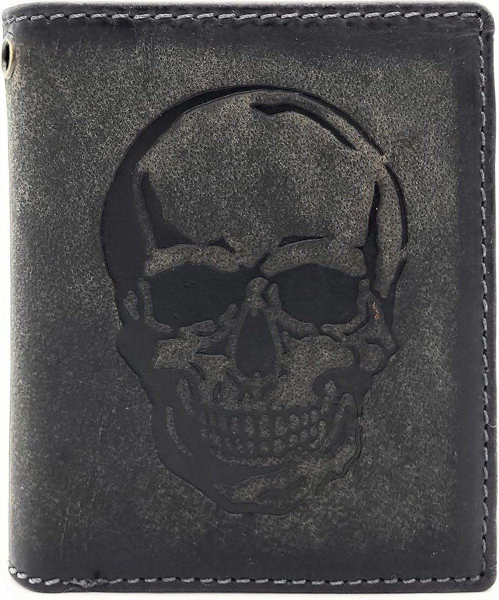 Biker Wallet with Chain, Natural Dog Leather, RFID Protection, Skull Wallet, Grey, Contemporary - ShopVlot