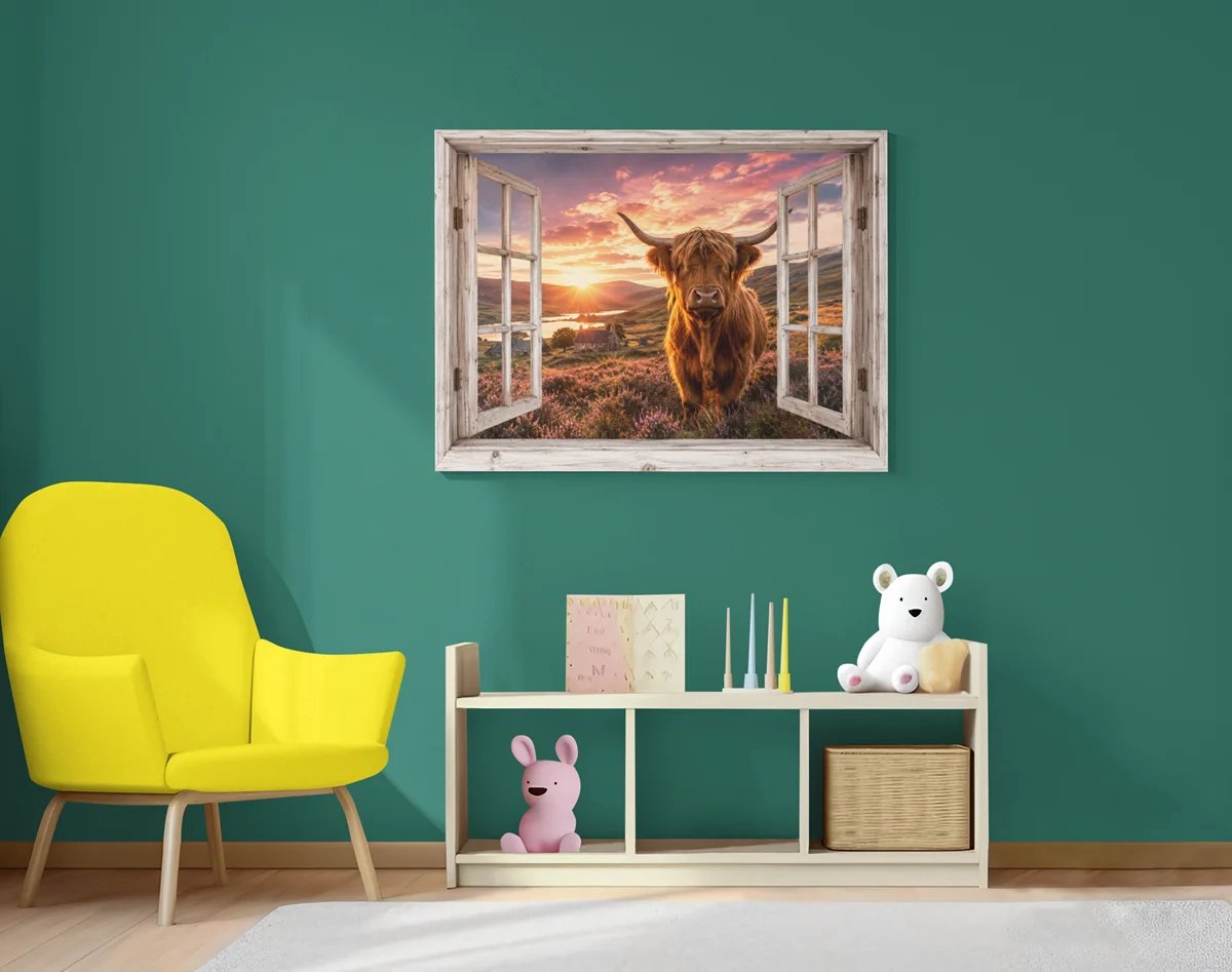 Canvas Schilderij Schotse Hooglander - Raamdecoratie - 100 x 75 cm
