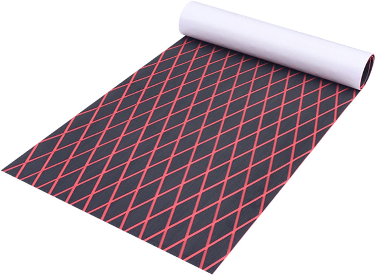 Zelfklevende EVA bootmat 240 x 90 cm - 6 mm antislip dekmat - Zwart/rood ruitpatroon
