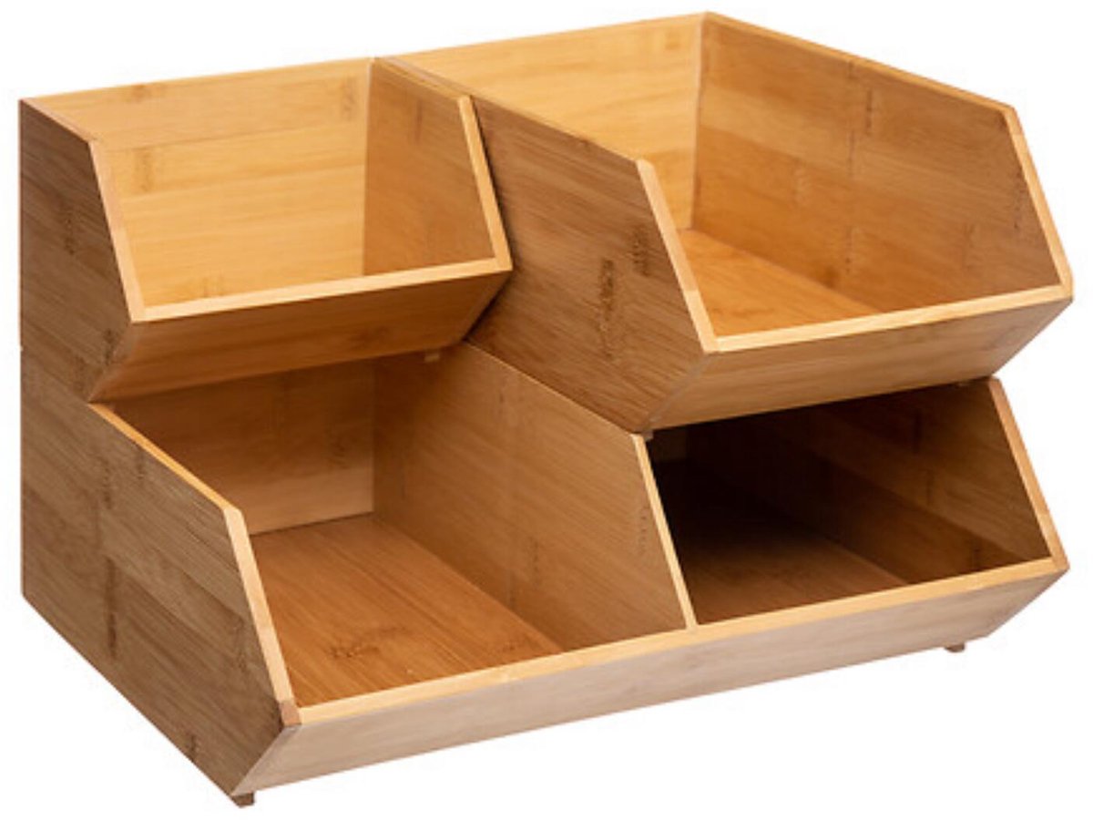 5Five Stapelbare opbergmand 1 vaks organizer - 4x - L18 x B15.5 x H12 cm - bamboe hout - lichtbruin — cadeau in Cadeau-ideeën - foto 2